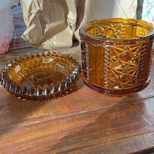 Vintage Amber Glass Stars and Bars Lamp 2 Piece Set